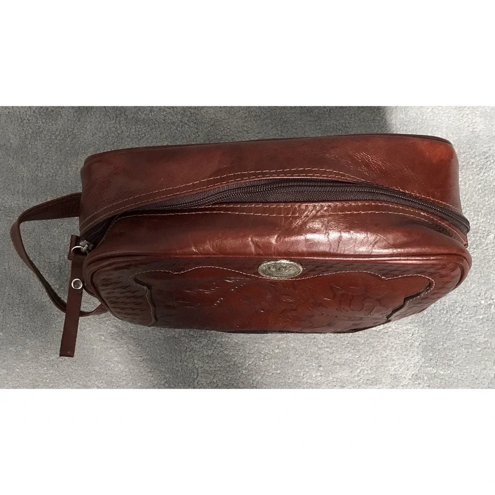American West Embossed Tooled Leather Toiletry Cosmetic Bag Western Leaf Style